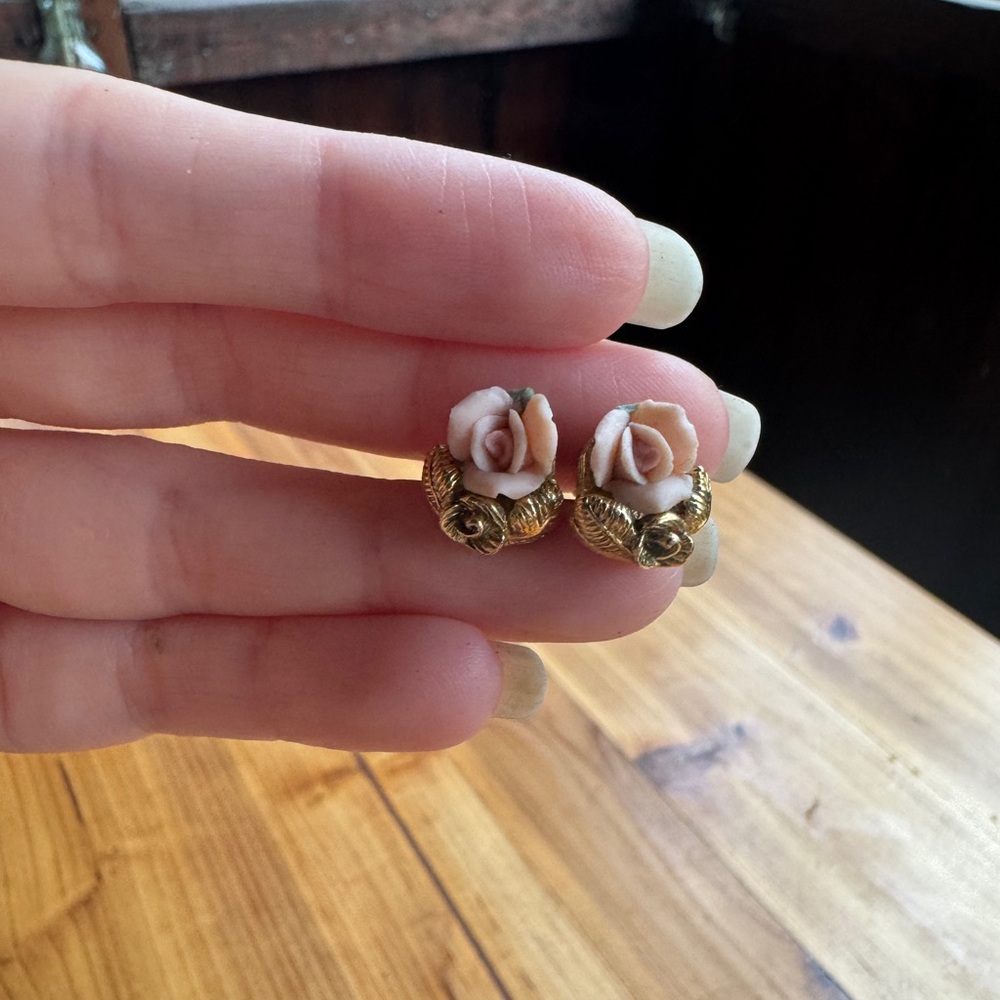Antique Gold and Pink Ceramic Rose Earrings